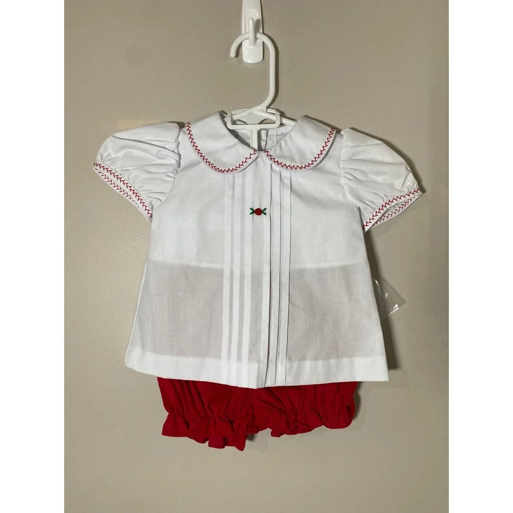 Zuccini Baby Girls White Pleated Top Red Corduroy Bloomers‎ with Bow Set 6M NEW